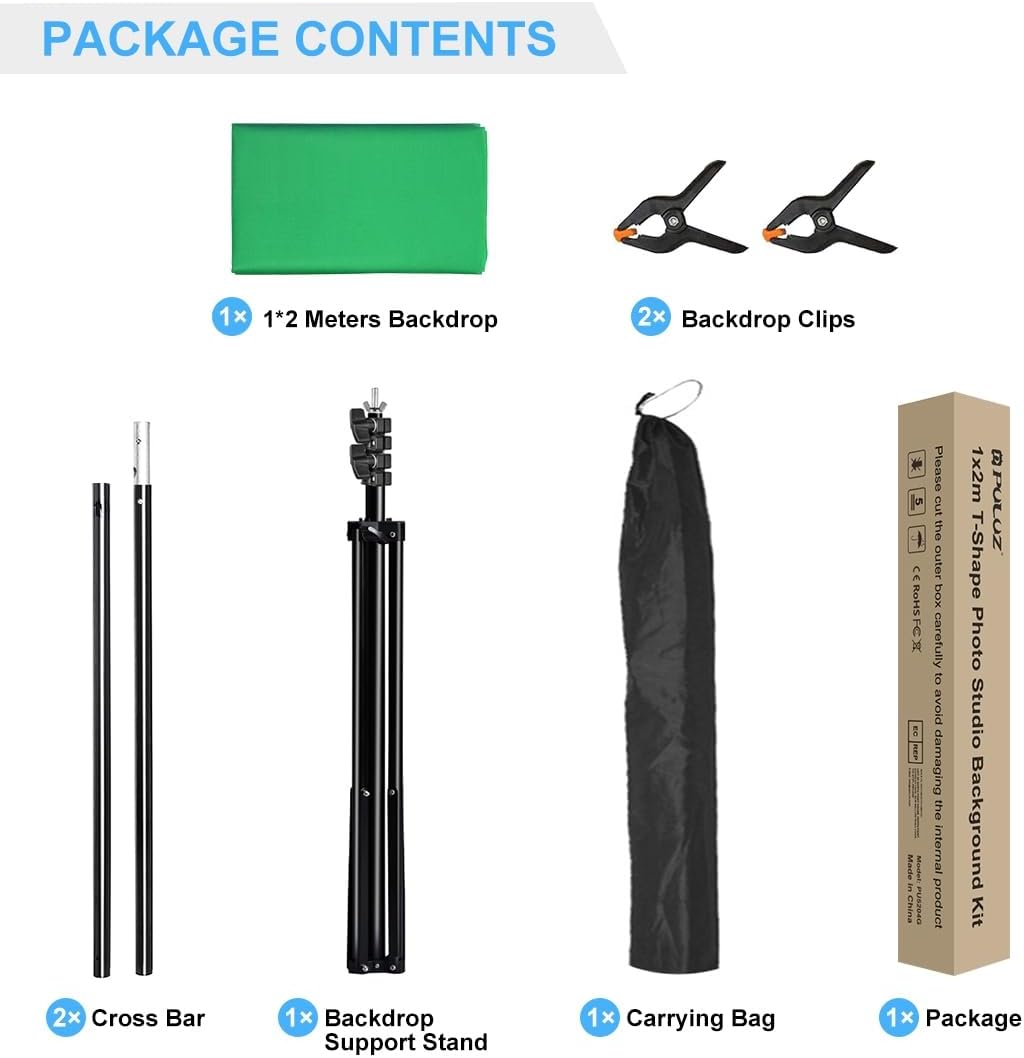 Green Screen Backdrop Kit with Stand, PULUZ 3.2x6.5ft Portable GreenScreen Background Stand, T-Shape Green Screen Stand kit with Clamp Carrying Bag for Streaming Video and Photography Shoots