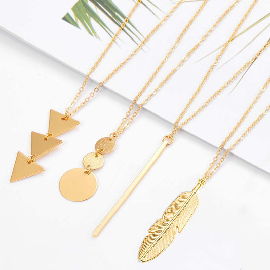 Long Necklaces for Women - Fashion Pendant Necklace Jewelry, Silver Bar Feather Circle Leaf Lock Tassel Y Necklace Jewelry Set for Girls