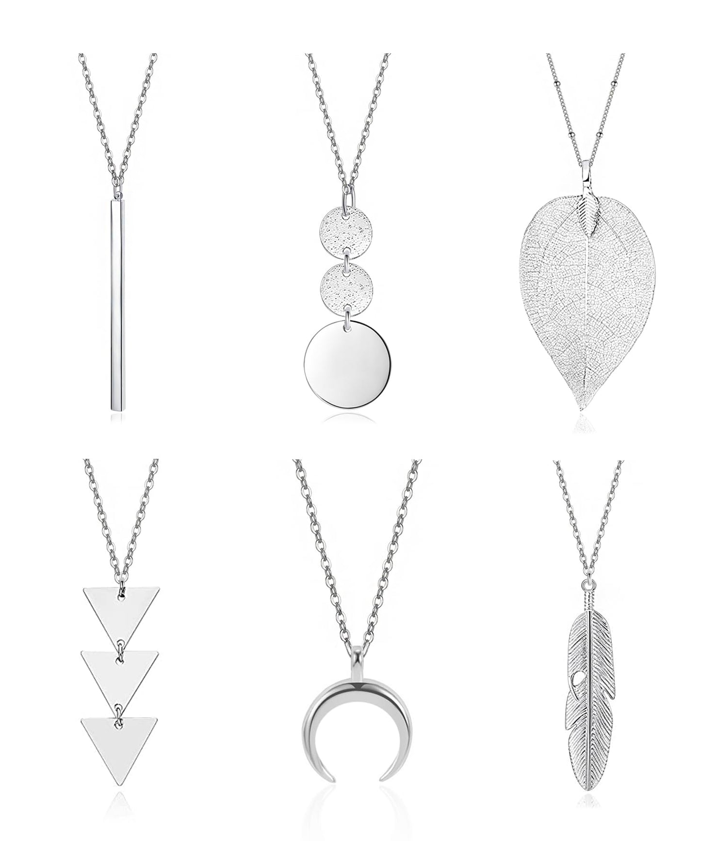 Long Necklaces for Women - Fashion Pendant Necklace Jewelry, Silver Bar Feather Circle Leaf Lock Tassel Y Necklace Jewelry Set for Girls
