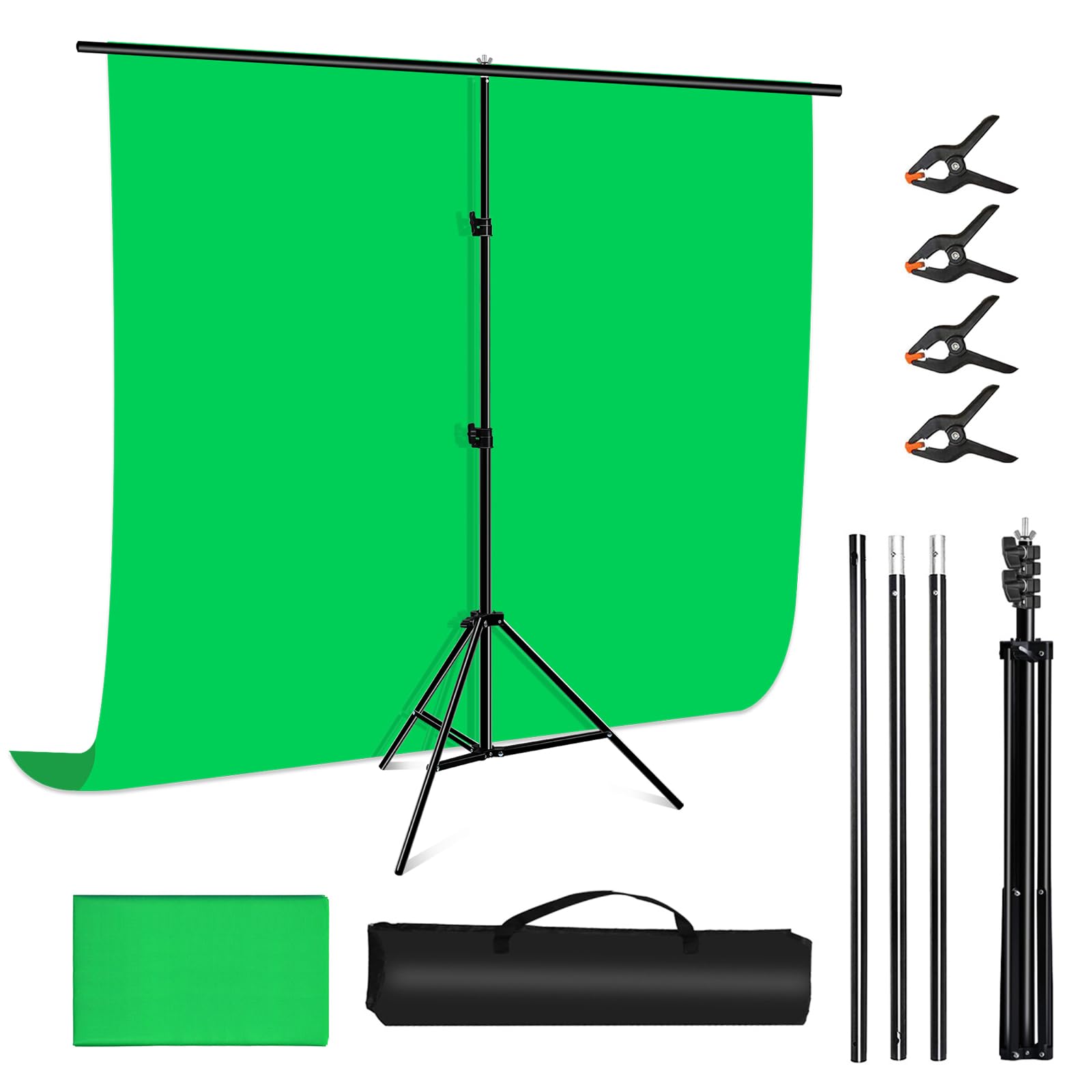Green Screen Backdrop Kit with Stand, PULUZ 3.2x6.5ft Portable GreenScreen Background Stand, T-Shape Green Screen Stand kit with Clamp Carrying Bag for Streaming Video and Photography Shoots