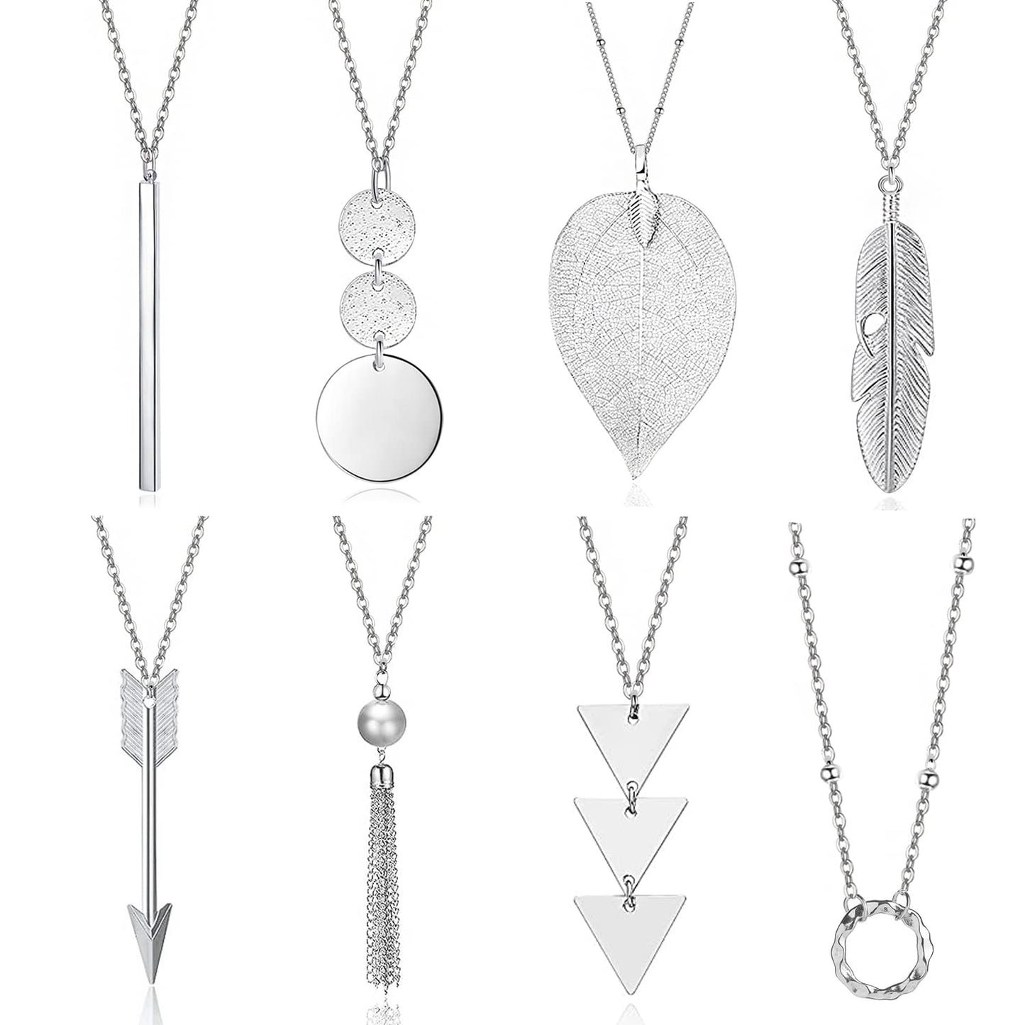 Long Necklaces for Women - Fashion Pendant Necklace Jewelry, Silver Bar Feather Circle Leaf Lock Tassel Y Necklace Jewelry Set for Girls