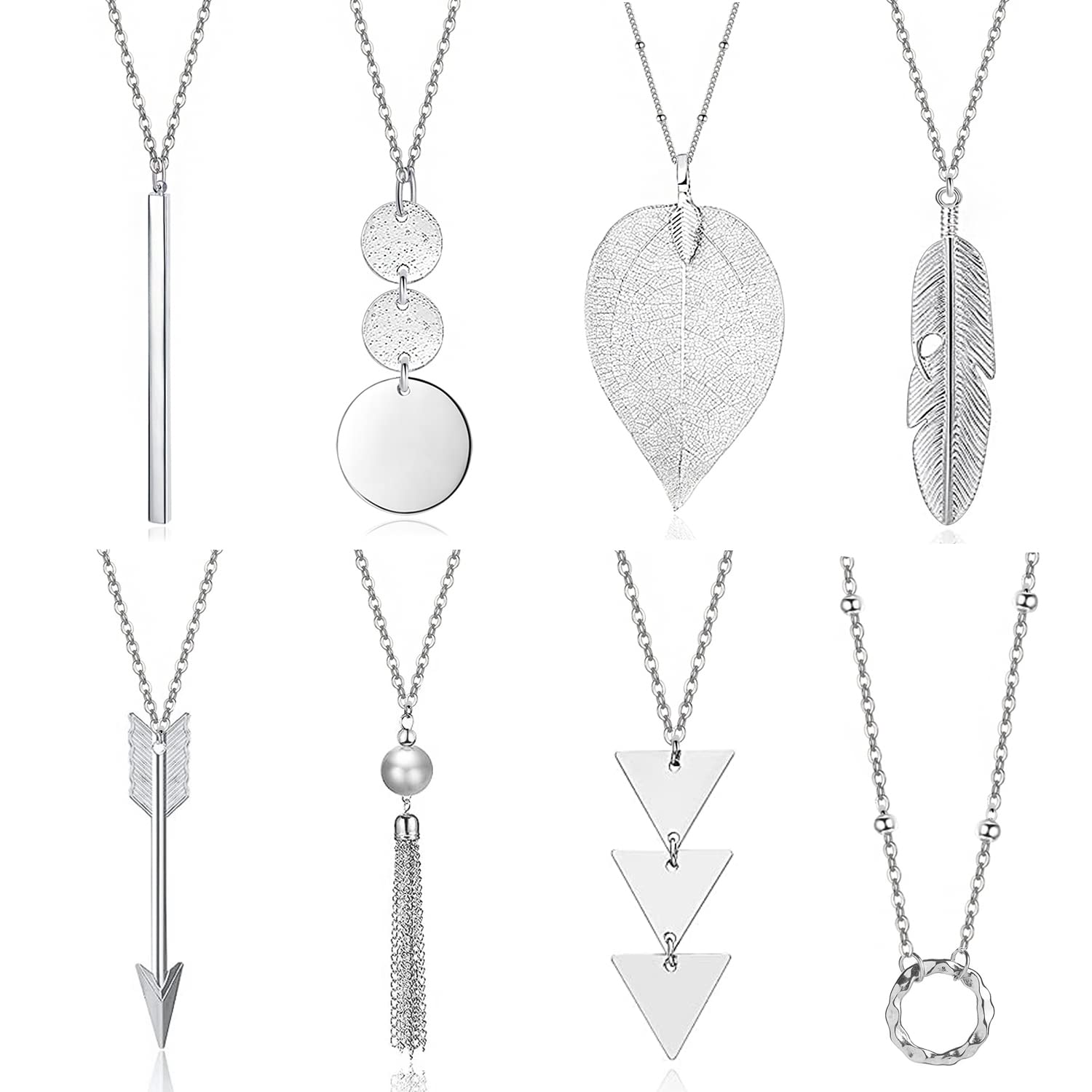 Long Necklaces for Women - Fashion Pendant Necklace Jewelry, Silver Bar Feather Circle Leaf Lock Tassel Y Necklace Jewelry Set for Girls