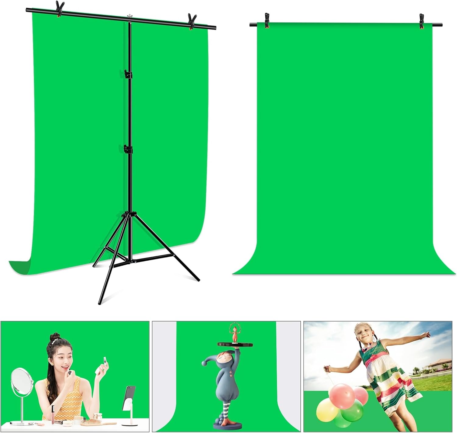 Green Screen Backdrop Kit with Stand, PULUZ 3.2x6.5ft Portable GreenScreen Background Stand, T-Shape Green Screen Stand kit with Clamp Carrying Bag for Streaming Video and Photography Shoots